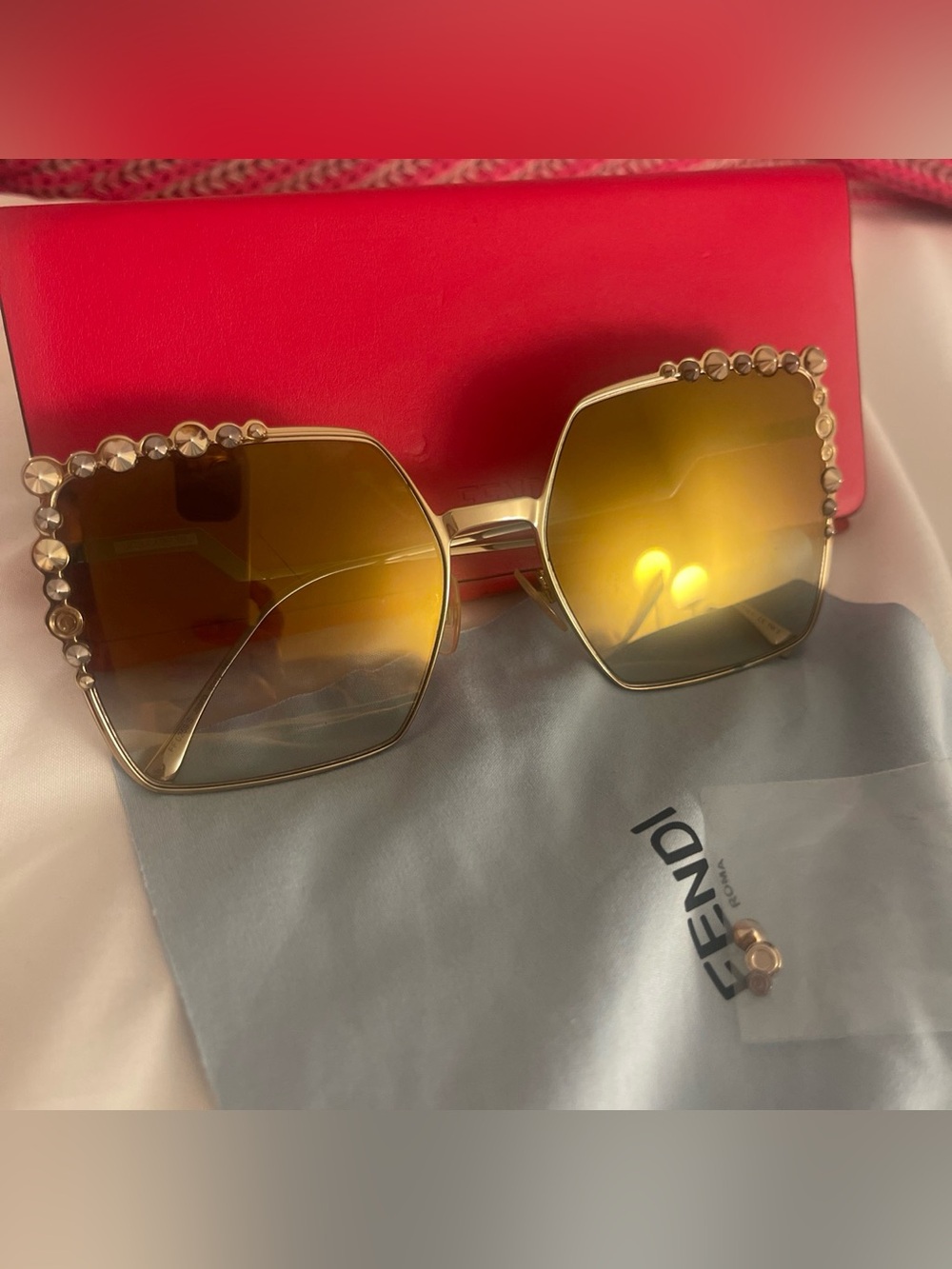 Fendi Gold Frame Sunglasses with Amber Gradient Lenses and Crystal Accents